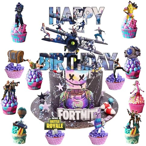 Gaming Cake Topper Set Gaming Cake Decoration 24pcs Cupcake Toppers and 1 Cake Topper for Boys Kids Game Theme Party Supplies Decoration