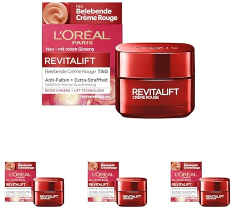 L'Oréal Paris Tagespflege, Revitalift Belebende Crème Rouge, Anti-Aging Gesichtspflege, Anti-Falten, Extra-Straffheit, Mit rotem Ginseng, 50 ml (Packung mit 4)