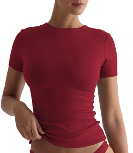 Arkim Basic Top Y2K Top Slim Fit T-Shirt Top Short Sleeve Crop Top Street Fashion New Summer Tops for Women(Basic-Burgundy,M)