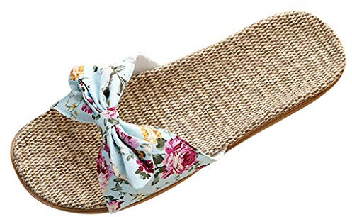Pantofole di Paglia da Donna Estivi Casual Ciabbate da Spiaggia Mare Casa Sandali in Corda di Canapa Punta Aperta con Fiocco Bohemia Vintage Elegante Comodi Leggeri Blu Rosa