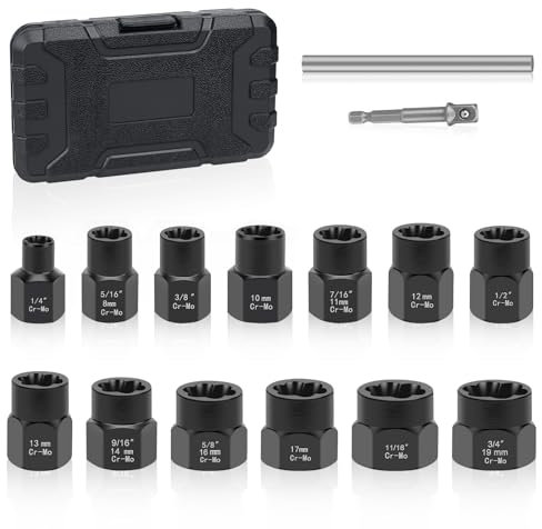3/8 Locking Wheel Nut Removal Tool, Lytool 14 Pieces Impact Bolt Extractor Set Nut Extractor Socket for Removing Damaged Broken Rusty Off Bolt & Nut Remover Set