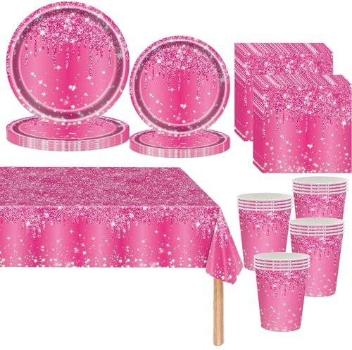 Rouge Rose Vaisselle de fete 81 Pièces Rose Vif Jetables Anniversaire Vaisselle Papier Assiettes Papier Tasses Serviettesr Nappe,pour Anniversaire Fête Mariages Fête de Baby Shower -20 Invités
