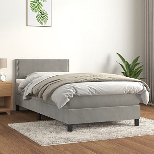 OHOOWOO Boxspringbett mit Matratze Hellgrau 90x200 cm Samt,Exklusives Boxspringbett mit Samtbezug und verstellbarem Kopfteil für maximalen Schlafkomfort