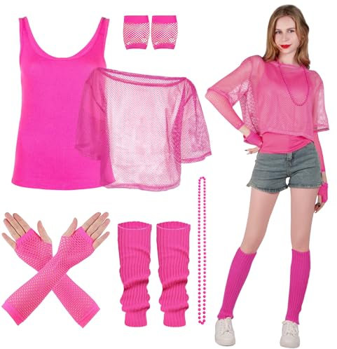 80er Jahre Outfit Damen, 90er Jahre Kostüm Kleidung Accessoires-Netzshirt, Tank Top, Beinwärmer, Handschuhe, Halskette für Mottoparty, Karneval Neon Party und Bars-Aerobic Outfit 80er Damen Clothes