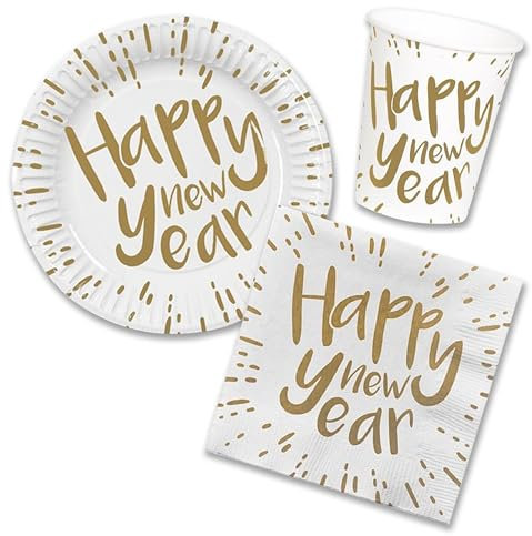 Decoraparty Set Stoviglie Capodanno per 10 Persone, Addobbi Decorazioni Happy New Year Monouso in Oro da Tavola Elegante, 10 Piatti 10 Bicchieri 20 Tovaglioli, per Festa Ultimo dell'Anno (Kit 40 pz.)