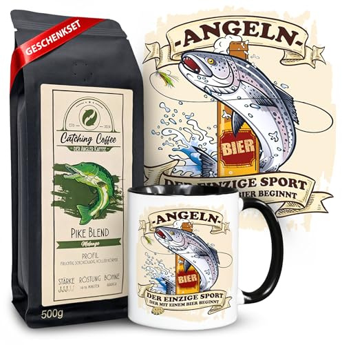 NICE-Presents - Geschenkset Tasse mit Kaffee - Angeln, Bier & Fisch Motiv - Schwarzer Henkel - Kaffeetasse 300 ml - Keramik, spülmaschinenfest - Peru Melange Kaffee 500g - Geschenk für Kaffee Fans
