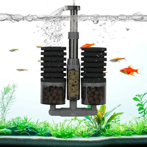 AQQA Aquarium Schwammfilter, Doppelter Schwamm Aquarium Filter, 360° Einstellbarer Auslass, Mehrstufige Filtration Leiser Sponge Filter für Biologische und Mechanische Filterung