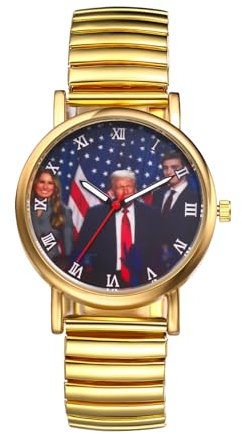 JewelryWe Herrenuhr Trump Elastische Uhren: Trumps Siegesrede Trump-Familie Analog Quarz Armbanduhr Herren Damen Gold Edelstahl Stretch Armband Ultradünne Uhr mit Zugarmband & Römischen Zahlen