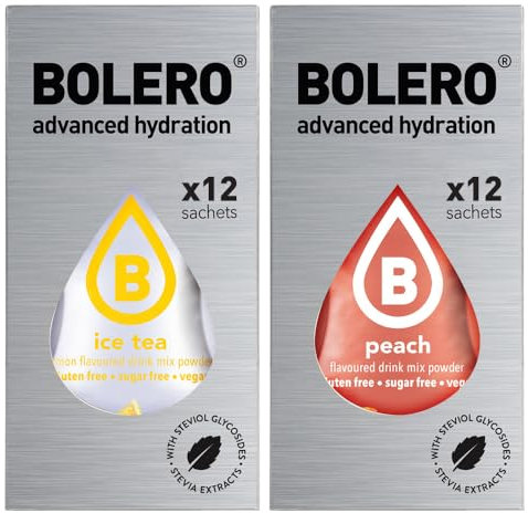 SET 24 BOLERO bustine da 3 grammi 12 ice tea lemon limone + 12 Peach Pesca Preparato istantaneo per Bevande con Stevia e Vitamina C e Senza Zucchero
