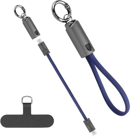 YACSEJAO 20cm/0,6ft Mini llavero USB C a USB C Cable, 60W PD de carga rápida y transferencia de datos, cargador portátil de tipo C Cable con mosquetón para el teléfono, la energía móvil (Azul)