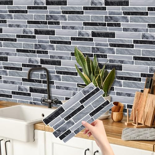 CHDITB 16 Sheets Black & Grey Marble Tiles Self Adhesive,Marble Effect Stick On Wall Tiles,Vintage Kitchen Splashback Backsplash Decals,Peel and Stick Backsplash Stickers for Bathroom,26.4X12cm