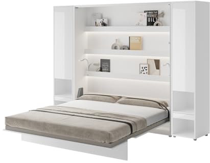 Friderik Bed Concept BC-13 Wandklappbett Vertikal Schrankbett mit Matratze und mit LED-Beleuchtung, 180x200 cm + 2X Vertikalschrank BC-07 (Weiß Hochglanz)