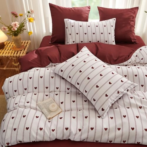 Freyamy Weiß Mädchen Bettwäsche 135x200,Rot Herz Bettwäsche-Sets 2tlg,Weich Aesthetic Bordeaux Wende Herz Bettwäsche Gewaschene Mikrofaser Bettbezug mit Reißverschluss und 1 Kissenbezüge 80x80cm