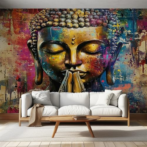 Générique Papier Peint Graffiti Statue de Bouddha 366X254cm, Papier Peint Intissé Méditation Coloré Salon Chambre Panoramique Decoration, Fresque Murale Décoration Murale D17