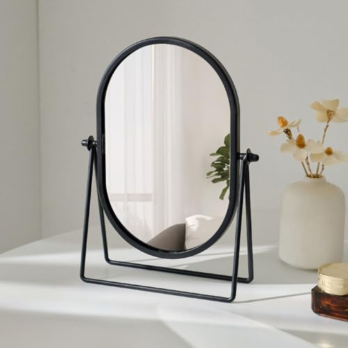 Hosoncovy Miroir de bureau réglable avec cadre en métal rond sur pied pour salle de bain, chambre à coucher (noir)