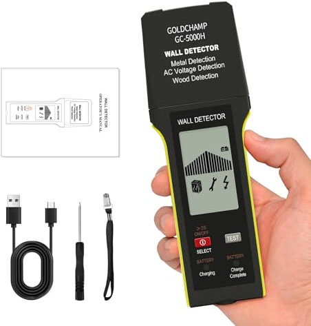 Stud Finder, Elektronischer Wanddetektor Wandscanner mit LCD-Display & Audio-Alert für Metall, Holz, Kabel, Live-AC-Drahterkennung, Bewehrung, Balken, GC-5000H Tragbares Handgerät GOLDCHAMP