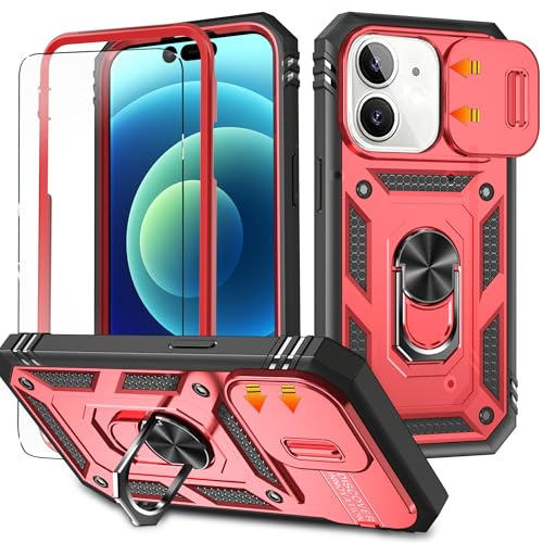 YmhxcY for iphone 12/12 Pro Case with Camera Cover Slider,Screen Protectors,Build in 360°Rotating Ring Kickstand, Military Grade Protective Case for iphone 12/12 Pro 6.1-Black/Red