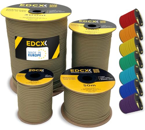 EdcX 4 mm Nylon Paracord 550 15 m (50 Fuß) – Typ III, 100% Nylonseil, 7-strängiges Seil, 4 mm Nylonseil in Volltonfarben (Light Khaki, 15 m)
