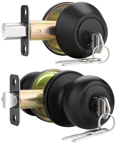 EHOMEWARE Lot de 2 boutons de porte noirs et pêne dormant, ensemble de serrure de porte extérieure ronde pour portes d'entrée/d'entrée, poignée de porte d'entrée à clés identiques avec pêne dormant