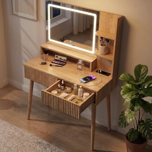 Hawthyhome Eiche-Optik Schminktisch mit LED-Spiegel und Ladestation, Moderner Frisiertisch mit 2 Riffel-Schubladen und Ablagen, 3 Lichtmodi, Kosmetiktisch mit Massivholzbeinen für Schlafzimmer