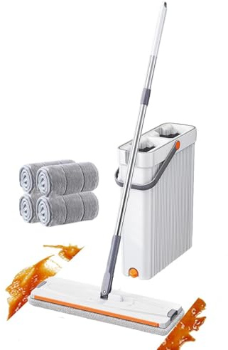 Juego de fregona y cubo con escurridor, fregona plana manos libres y cubo estrecho compacto con 4 almohadillas de microfibra lavables, fregonas de cabeza plana giratoria de 360°, uso en seco húmedo