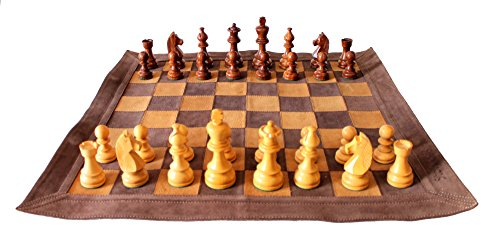 StonKraft 19 x 19 Schachspiel zum Aufrollen aus echtem Leder - mit hölzernen Schachfiguren - Farbe Braun