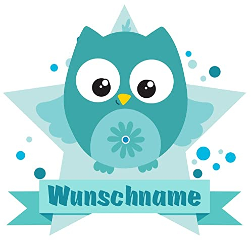 Samunshi® Türkise Eule Wandtattoo Türschild mit Name personalisierbar Kinderzimmer Türaufkleber Baby Wandaufkleber - 80x69cm mehrfarbig