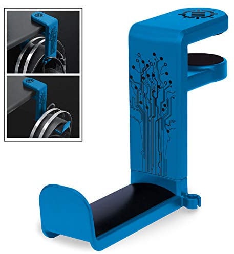 ENHANCE PC Gaming Headset Hook Holder Hanger Mount - Headphones Stand with Adjustable 360 Rotating Arm, Under Desk Clamp On Design, Universal Fit, Built in Cable Clip Organizer - Blue