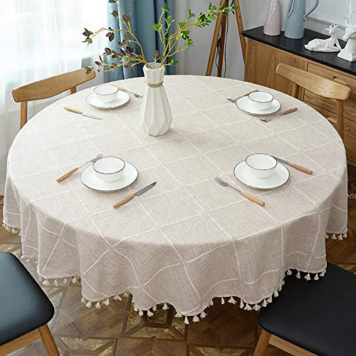 Lsimeru Kariert Tischdecke Landhausstil Rund Abwaschbar 120cm Braun Weiß Baumwolle und Leinenoptik Gartentisch Tischtuch Tafeldecke Schmutzabweisend Außen Balkon