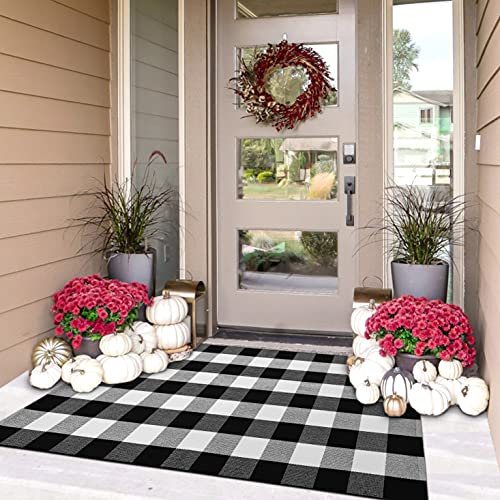IOHOUZE Buffalo Plaid Checkered Rug 3x5 Ft Front Door Mats, Washable Area Rugs for Front Porch Decor, Spring Summer Welcome Mats Outdoor, Black White Rug for Farmhouse/Entryway/Home Entrance