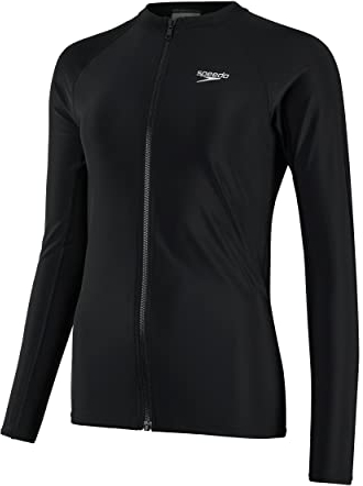 Speedo Women's Full Zip Long Sleeve Sun Protection Rash Top | UV Protection | Zip Front, Black, S