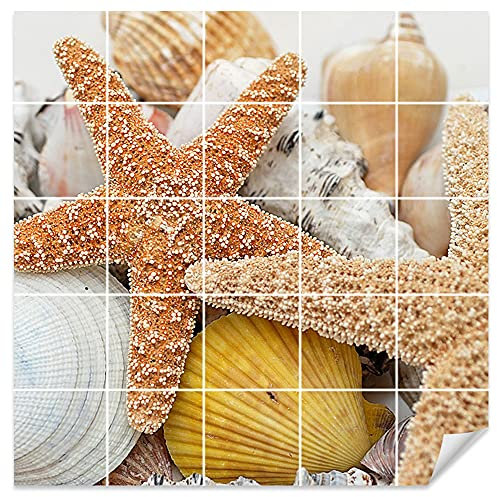 GRAZDesign Fliesenaufkleber Bad selbstklebende Fliesen Motiv Muscheln Klebefliesen - 15x20cm / Muscheln mit Seesternen
