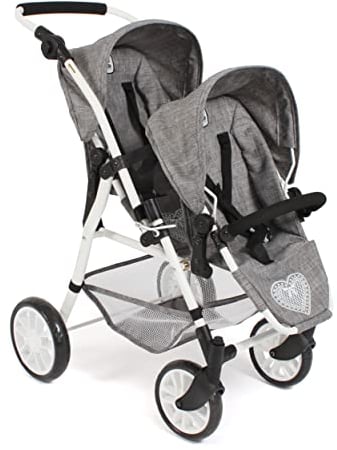 Bayer Chic 2000-Puppenwagen Twinny, Zwillingspuppenwagen für Zwei Puppen, Zwillingsbuggy für Kinder von 4 bis 8 Jahren, Jeans grau, 691-76, 63 x 43 x 77 cm