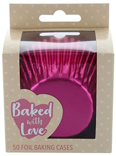 Baked with Love Pink Foil Baking Cases, Foil Baking Cups, Greaseproof Cupcake Cases, Classic Pink - Pack of 50