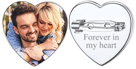 Broche Photo Personnalisé 1 Charme Coeur pour Bouquet de Mariage Graver Breloque et Pin Mariée Personnalise Médaillon Commémoratif Bijoux pour Homme Costume Charme a Epingle Acier
