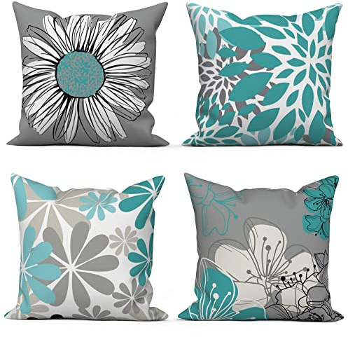 ASDCXZ Grün Kissenbezug 45x45 cm 4er Set, Nordeuropa Modern Blumen Grün Grau Sofa Dekokissen Kissenbezüge Kissenhülle Waschbar Polyester Leinen Textil Polster Kopfkissenbezug Kissen Bezug