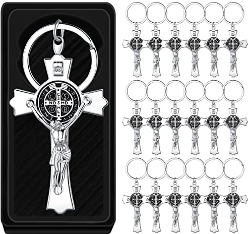Junkin 24 Stück St. Benedikt Kruzifix Jesus Schlüsselanhänger Medaille Metall Kreuz Schlüsselanhänger Recuerdos De Bautizo Para Niño Religiöse Taufe Gefälligkeiten Kreuz katholische Geschenke mit