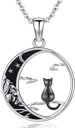 Odinstone Katze auf dem Mond Halskette, Anhänger Katze silber 925 Katze Halskette Damen Katze Kette schmuck katze Anti-Allergie, Geschenk für Frauen Mädchen