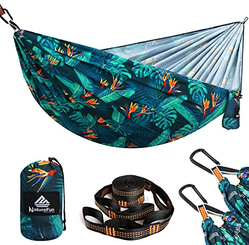 NATUREFUN Ultraleichte Reise Camping Hängematte | 300 kg Tragkraft (275 x140 cm),Atmungsaktiv,Schnelltrocknendes Hängematten |2 x Premium Karabiner,2 x Schlingen Inbegriffen | Draußen Drinnen Garten