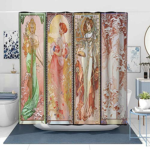 NTETSN Art Nouveau Lady Shower Curtain, Alphonse Mucha Spring Summer Autumn Winter Seasons Series Screen Oil Painting Fabric Polyester Bathroom Curtain with Hooks, 72 x 78