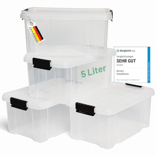 Novaliv 4x Aufbewahrungsboxen mit Deckel 5L transparente Nestbar stapelbare Storage boxes mit Clipverschluss Kunststoff BPA-frei 30 x 19 x 14 cm