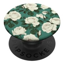 White Roses on Green Background, Botanical & Floral Art PopSockets Swappable PopGrip