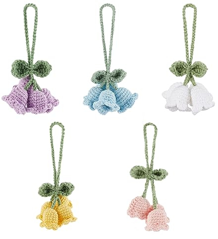 FINGERINSPIRE 5 Pcs Crochet Fleurs Crochet Jacinthe Fleur Pendentif Tricoté Cloche Fleur D'Orchidée Pendentif Muguet Coton Tricot Ornement Suspendu pour Sac de Voiture Porte-Clés Décor
