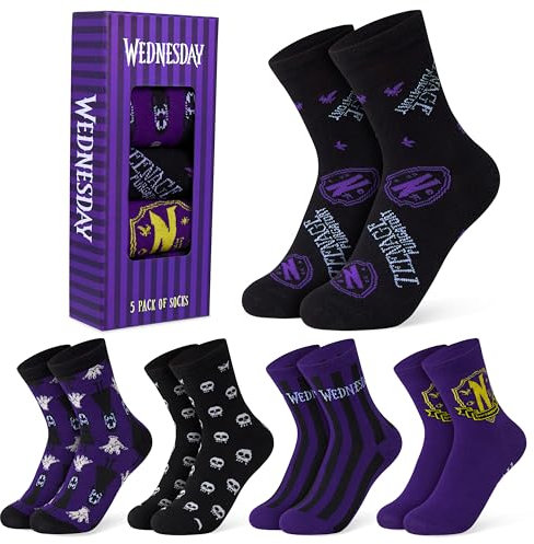 Wednesday Socken Kinder Mädchen 5er-Pack Bunte Socken Mädchen Größen 30-40, 6-13 Jahren- Geschenke für Mädchen (Lila/Schwarz, 10-13 Jahre, 35-40 EU)