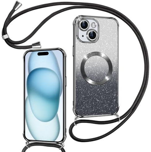 Phoona Handyband Hülle für iPhone 15 mit Band [kompatibel mit MagSafe], Luxuriöse Glitzer Beschichtung Magnetische Handyhülle für iPhone 15 Silikon TPU Stoßfest Schutzhülle, Schwarz