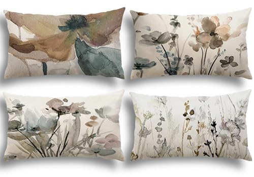 YCOLL Blumen Kissenbezug 30x50 4er Set Kissenhülle Leinen Sofakissen Moderne Abstrakte Blumen Aquarellmalerei Dekokissen für Sofa Schlafzimmer Couch Outdoor Kissenbezüge 30x50 A090