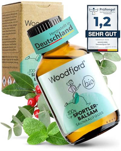 WOODFJORD Saunaaufguss Sportlerbalsam BIO 100 ml I Mit Wintergrünöl I Premium Sauna Aufgussmittel für nachhaltige Saunaerlebnisse I Saunaöl und Saunaduft I Revitalisierend und entspannend