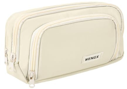 Large Capacity Pencil Case,Zip Smooth Pencil Pouch for Girls Boys with 4 Compartments Pen Bag Stationery Organizer Office Makeup Bag for Women Men(Beige)