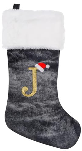 Personalized Xmas Stockings 45cm Large Initial Monogram Embroidered Letter Christmas Stocking Grey Velvet Classic Christmas Stockings Xmas Holiday Decor Tree Decoration for Kids & Adults Gift (J)