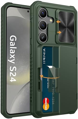 Vihibii pour Samsung Galaxy S24 Étui avec Porte-Carte & Protection Appareil Photo & Kickstand, TPU Militaire Antichoc Coque antidérapant Wallet Case pour Samsung Galaxy S24 6,2'', Vert Foncé